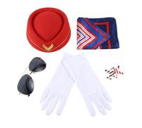 Set di accessori per costume da hostess della compagnia aerea, 5 pezzi, da donna, cappello da volo, occhiali da sole, sciarpa, guanti (rosso), Rosso, M