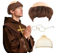 Set di accessori per costume da monaco da uomo, parrucca marrone con taglio a ciotola, parrucca divertente con cappuccio calvo con collana a croce, occhiali dorati, costume per Halloween, cosplay