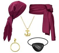Set di accessori per costume da pirata da donna, cappello da pirata, sciarpa, fascia e accessori per vestito per Halloween, Rosso retrò., Prossoefinito