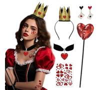 Set di accessori per costume da regina con bastone per le fate a forma di cuore rosso, collana da poker, orecchini con corona dorata, asta per adulti e donne, adesivi per tatuaggi per carnevale,