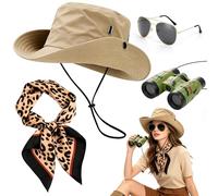 Set di accessori per costume da safari, per avventure all'aria aperta | Costume da esploratore, costume da custode dello zoo con cappello da safari, sciarpa leopardata, binocolo