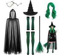 Set di accessori per costume da strega di Halloween, 7 pezzi | Set strega da donna include parrucca, mantello in rete da 150 cm, occhiali, guanti, calze, scopa viola per Halloween, cosplay