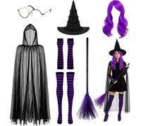 Set di accessori per costume da strega di Halloween, 7 pezzi | Set strega da donna include parrucca, mantello in rete da 150 cm, occhiali, guanti, calze, scopa viola per Halloween, cosplay