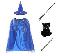 Set di accessori per costume da strega, mantello blu con stelle argentate, cappello a punta, bacchetta, manico di scopa e gatto nero, costume per Halloween o Giornata mondiale del libro