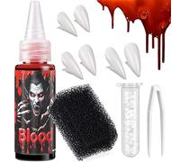 Set di accessori per costume da vampiro con denti di Halloween, con 3 paia di denti, bottiglia di sangue finto zombie, trucco per feste horror, cosplay e costumi spaventosi