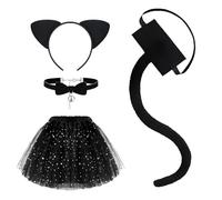 Set di Accessori per Costume Gatto, Costume Gatta Bambina, Gonna in Tulle Nero, Orecchie Gatta Nere, Coda Gatto, Giochi di Ruolo Accessori per Bambine Halloween Carnevale (Nero-A)