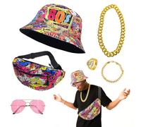 Set di accessori per costume hip hop anni '80 e '90, con cappello da pescatore reversibile, borsa a tracolla, bracciale con collana in oro finto, anello con simbolo del dollaro, occhiali da sole, per