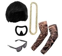 Set di accessori per costume Ibiza Final Boss - Parrucca nera con taglio a ciotola, pizzetto, catena dorata, maniche finte e sfumature, kit divertente per feste e feste, taglia unica per adulti