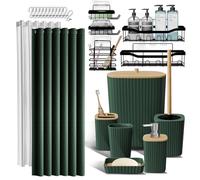 Set di accessori per doccia e accessori da bagno, 25 pezzi, con ripiano per doccia per riporre il bagno, set di tende da doccia verde, scopino, cestino, dispenser di sapone, portaspazzolino
