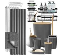 Set di accessori per doccia e accessori da bagno con tappeti da bagno, set di accessori da bagno da 27 pezzi con tappetini da bagno grigi, set di tende da doccia, scopino, cestino, dispenser di sapone