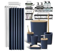 Set di accessori per doccia e bagno, set di accessori da bagno da 25 pezzi con ripiano per doccia per riporre il bagno, set di tende da doccia blu navy, scopino, cestino, dispenser di sapone,