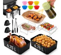 Set di accessori per friggitrice ad aria 16 pezzi, compatibile con Ninja, COSORI, Cookwise 8,5-9,5L a doppia zona, include stampi in silicone, griglie, spruzzatore d’olio, guanti, pinze e altro