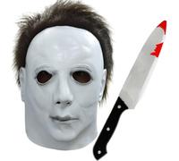 Set di accessori per Halloween da adulto, maschera in lattice bianca con capelli e coltello in plastica, da uomo, icona spaventosa del film