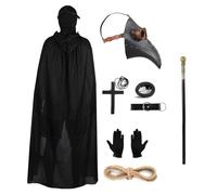 Set di accessori per Halloween, Maschera da uccello retrò in pelle gotica con maschera per medici della peste con maschera integrale, mantello nero con cappuccio, guanti, collana con croce, anello con
