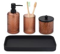 Set di accessori per il bagno, 4 pezzi in vetro ambrato set di accessori da bagno - dispenser sapone lozione, portaspazzolino, dispenser Qtip Holder e vassoio in resina, organizer da banco, ambra