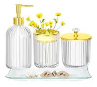 Set di accessori per il bagno, 4 pezzi, set di accessori da bagno in vetro trasparente e oro, completo con dispenser di sapone per lozione, portaspazzolino, vasetto da farmacia, vassoio da toeletta,