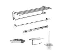 Set di Accessori per Il Bagno, portasciugamani in Alluminio, Include Doppia Barra portasciugamani, Cinque File di Ganci per Abiti, Cestino Triangolare, Set scopino per WC, Asta portasciugama