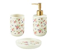 Set di accessori per il bagno, set da 3 pezzi in ceramica bianca rosa completo di dispenser di sapone, portasapone e portaspazzolino, decorazione vintage per il bagno regalo per madre, moglie, ragazza