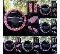 Set di accessori per interni auto, include coprivolante in stampa leopardata, coprisedili per cinture di , copri pomello del cambio, copri freno a mano, copri bracciolo e altri accessori antiscivolo e