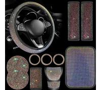 Set di accessori per l interno auto con strass da 11 pezzi Coprivolante bling universale Coprivolano del cambio freno a mano delle cinture sicurezza Anelli finitura avviatore Portavasche e Cuscinetto