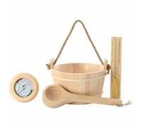 Set di accessori per sauna, 4 pezzi, marrone in legno di pino massiccio di canapa, con secchio da 4 l, mestolo, termoigrometro, clessidra per benessere, spa, bagno a vapore, relax e aromaterapia