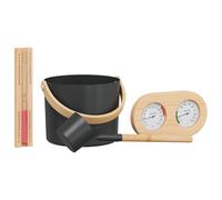 Set di accessori per sauna, 4 pezzi, nero con alluminio e legno di pino, secchio da 7 l, mestolo, termometro, igrometro, clessidra per interni, per sauna, benessere, relax, spa