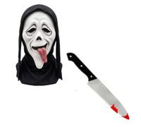 Set di accessori per travestimento con maschera horror e coltello | maschera horror bianca spettrale, falso coltello sanguinante puntello, taglia unica, adulto unisex costume di Halloween set