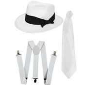Set di accessori per travestimento da gangster, cappello trilby bianco o nero + bretelle bianche + cravatta - MOB GANGSTER MEN AL CAPONE