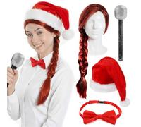 Set di accessori per travestimento da ragazza ribelle per adulti, parrucca rossa intrecciata, cappello da Babbo Natale, papillon, microfono, per la scuola, la settimana del libro, la Giornata mondiale