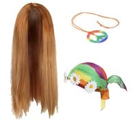 Set di accessori per travestimento hippie, foulard arcobaleno con fiori, parrucca lunga marrone e collana della pace, kit per feste anni '60 e '70