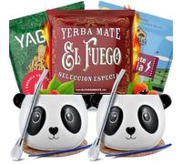 Set di accessori per yerba mate con campioni per due persone | Yaguar, El Fuego, Rio Parana | Energia Guarana | Calabash, bombilla e accessori | Yerba mate originale | Caffeina naturale | 3x50g