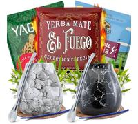 Set di accessori per yerba mate con campioni per due persone | Yaguar, El Fuego, Rio Parana | Energia Guarana | Calabash, bombilla e accessori | Yerba mate originale | Caffeina naturale | 3x50g