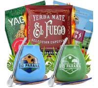 Set di accessori per yerba mate con campioni per due persone | Yaguar, El Fuego, Rio Parana | Energia Guarana | Calabash, bombilla e accessori | Yerba mate originale | Caffeina naturale | 3x50g