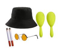 Set di accessori rock band anni '90, cappello da pescatore nero tinta unita, occhiali da sole rotondi arancioni, 2 maracas gialle, 2 sigarette finte, set di 6 pezzi per costume musicale Best of