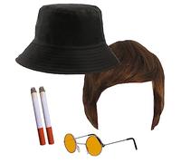 Set di accessori Rock Band per adulti - Cappello reversibile britannico, Parrucca marrone, Occhiali rotondi arancioni, 2 sigarette finte - Set musicale da 5 pezzi Best of British Party Costume