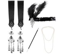 Set di accessori vintage anni Venti ruggenti da donna, include fascia per capelli, collana di perle, guanti di raso, orecchini, portasigarette