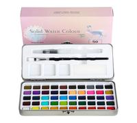 Set di acquerelli con 50 colori in scatola di metallo - kit portatile con pennello, pennello con serbatoio d’acqua, palette di miscelazione e spugna - acquerelli ad alta pigmentazione, atossici, per a