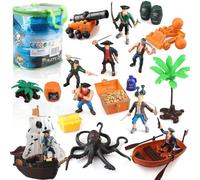 Set di action figure pirata per bambini con secchio, giocattoli pirati con barca, scrigno del tesoro, cannoni, polipo, nave e altri accessori, gioco educativo pirata per ragazzi e ragazze 3 4 5 6 7 8