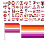 Set di adesivi con bandiera Lesbian Pride, include una bandiera da 150 x 90 cm, 2 mini bandiere, 50 adesivi, impermeabili, per lesbiche, accessori per orgoglio, regalo, celebrazioni, parate