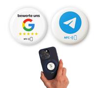 Set di adesivi NFC: 1 x "Valutare Uns" per Google Reviews + 1 x per Telegram - auto-programmabile, diametro 3 cm, superficie epossidica lucida, riutilizzabile e senza contatto, ideale per fornitori di