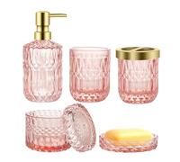 Set di aessori per Il Bagno, Set di 5 Dispenser di lozione in Vetro, Include Dispenser di Sapone, portasapone, portaspazzolino, bihiere e Barattolo, Elegante e Moderno Arredamento per Il Bagno