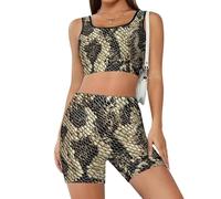 Set di allenamento con texture in pelle di serpente per le donne 2 pezzi crop tank pantaloncini a vita alta abiti da yoga, Stile-1, XXL