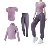 Set di allenamento da donna per il pezzo tre, set da 3 pezzi da donna per yoga, misto poliestere traspirante, giacca con cappuccio con cerniera, pantaloni elastici in vita, maglietta con scollo a V