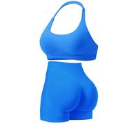 Set di allenamento da palestra senza cuciture per le donne 2 pezzi Halter Backless reggiseni sportivi nascosti pantaloncini elastici abiti da yoga tute da allenamento, Blu, S