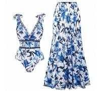 Set di alta gamma "Oasis" da donna taglie forti: costume intero con scollo a V e stampa floreale blu e bianca, abbinato a una gonna lunga in maxi con stampa floreale abbinata, adatto per le vacanze es