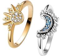 Set di Anelli Celestiali Sole e Luna, Anello Scintillante del Sole/Luna Blu Con Placcatura in Oro 14k/Argento, Promessa di Amicizia, Impilabili, Regalo per Donne e Ragazze
