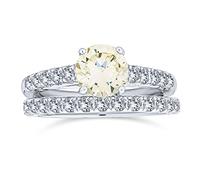 Set di anelli di fidanzamento e matrimonio in argento sterling .925 con zircone cubico giallo canarino brillante da 1 CT taglio rotondo principessa, montatura a cattedrale, fascia sottile eternity