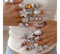 Set di anelli in argento regolabili e aperti BOHO vintage eleganti stile bohémien per vacanze estive, 20/19/12/7/6 pezzi casuali, moda quotidiana, metallo multi-bling bling lucido colorato, pietra a o