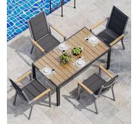 Set di Arredo da Giardino 4 Persone, Set di Tavolo 189 cm Design a Vena di Legno e 4 Sedie Impilabili da Esterno in Alluminio, Ideale per Cortile, Terrazza o Ai Margini della Piscina(Effetto legno)