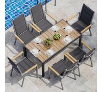 Set di Arredo da Giardino 6 Persone, Set di Tavolo 189 cm Design a Vena di Legno e 6 Sedie Impilabili da Esterno in Alluminio, Ideale per Cortile, Terrazza o Ai Margini della Piscina(Effetto legno)